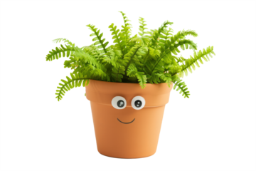 Cute character with potted fern, big eyes and shy smile,