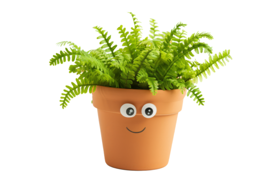 Cute character with potted fern, big eyes and shy smile,