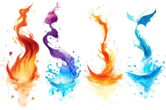 Elemental Magic:power of fire, water, air with elemental-themed light effects .