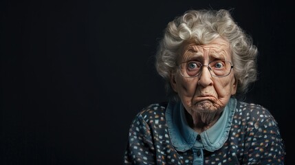 Upset woman on black background.