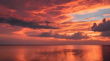 Obraz premium The sky at sunset, with vivid orange and red tones reflecting on the water and distant clouds catching the last rays of the sun 