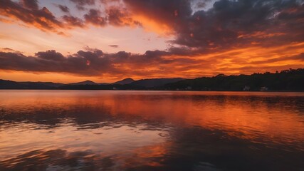 Naklejka premium The sky at sunset, with vivid orange and red tones reflecting on the water and distant clouds catching the last rays of the sun 