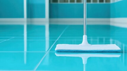 Obraz premium Cleaning Mop on Shiny Blue Tiled Floor in Modern Interior Setting, AI