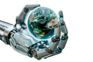 Naklejka premium Earth globe supported by robotic arms, white background, environmental protection