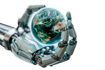Earth globe supported by robotic arms, white background, environmental protection