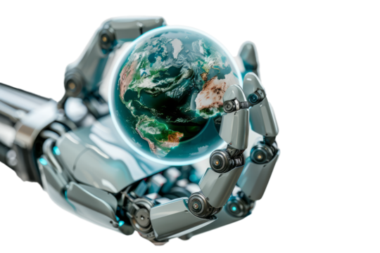 Earth globe supported by robotic arms, white background, environmental protection