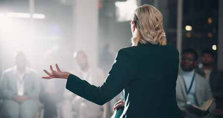 Back, woman and speaker with presentation for crowd speech, workshop and coaching conference on...