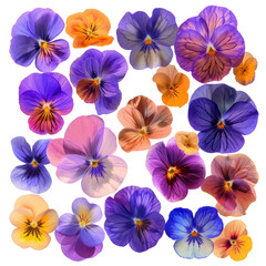 Obraz premium variety of edible flowers, including nasturtiums, pansies, and violets, arranged in a pattern, on a transparent background