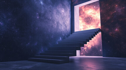 floating staircase leads to cosmic door, creating surreal and dreamlike atmosphere. vibrant colors of galaxy enhance sense of wonder and exploration