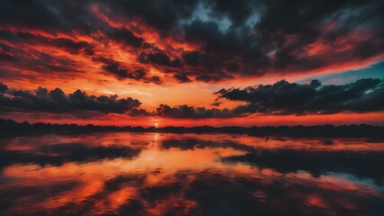 Fototapeta premium The sky at sunset, with vivid orange and red tones reflecting on the water and distant clouds catching the last rays of the sun 