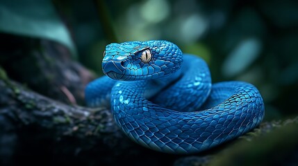 Obraz premium Intense-eyed vibrant blue snake in a dramatic close-up view