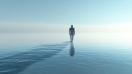 person walking on glass like water surface, creating serene and tranquil atmosphere. calm reflection enhances dreamlike quality of scene