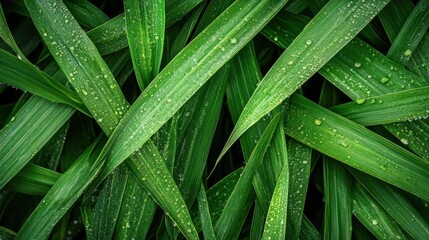 Fototapeta premium A top view of lush green grass texture with dew drops on the leaves