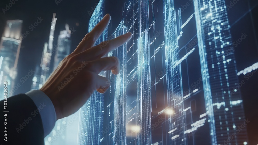 Poster A Hand Interacting with a Digital Architectural Model of a Skyscraper