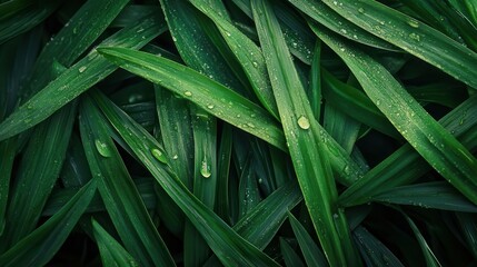 Fototapeta premium A top view of lush green grass texture with dew drops on the leaves