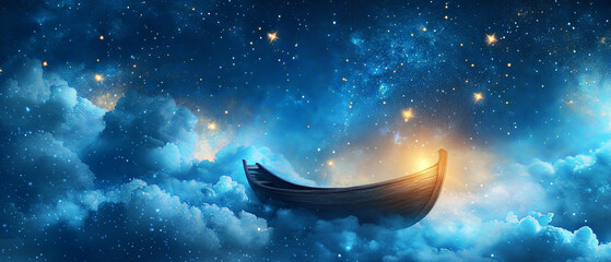 serene boat floats through dreamy ocean of clouds, illuminated by soft glow from stars above. This enchanting scene evokes sense of wonder and tranquility