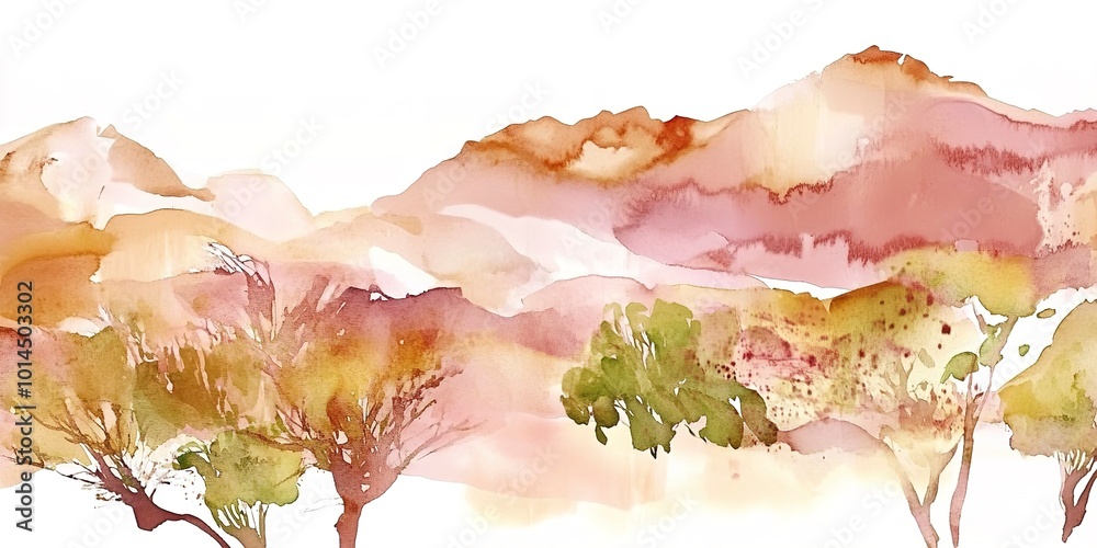 Wall mural Stunning watercolor mountains and trees. Nature landscape in artistic style. 