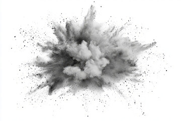 A surreal explosion of soft dust particles, creating a swirling cloud effect with shades of gray on white.