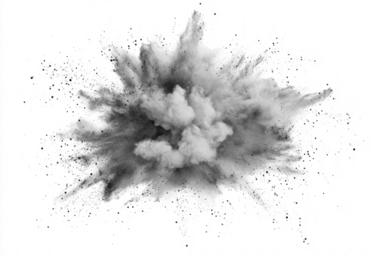 A surreal explosion of soft dust particles, creating a swirling cloud effect with shades of gray on white.