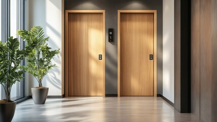 Fototapeta premium Modern classic wooden Elevator doors of office or hotel hallway, Lobby interior, corridor in house with lift,Black elegant lift for passenger or cargo elevators,copy space.