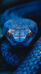 Magnificent close-up of a vibrant blue snake with bold and intense gaze