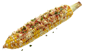 Mexican street corn e with grilled corn on the cob, coated in mayonnaise, chili powder, cotija cheese, and lime juice.