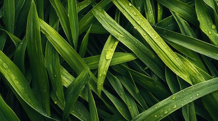 Obraz premium A top view of lush green grass texture with dew drops on the leaves