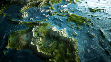 Global Geographic Features Highlighted on 3D World Map for Education and Graphics. Clear, Green, and Informative Design.
