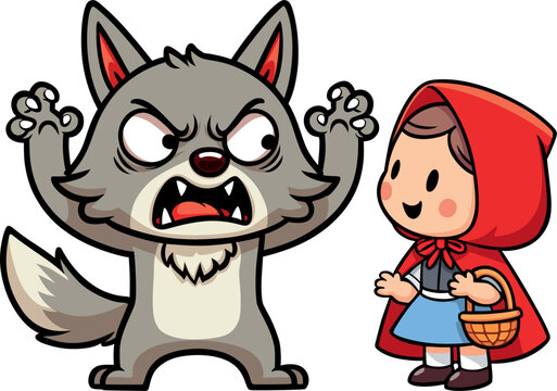 cartoon funny fairytale gray wolf scares girl, little red riding hood