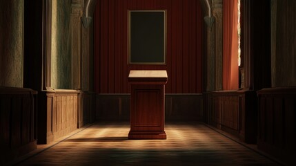 Wooden Lectern in a Dark, Ornate Hallway