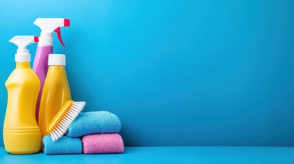 Cleaning Supplies Against a Vibrant Blue Background with Copy Space, AI