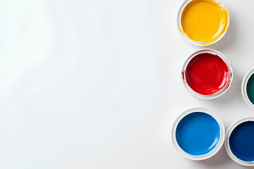 Paint cans and color palette on white background, top view. Space for text