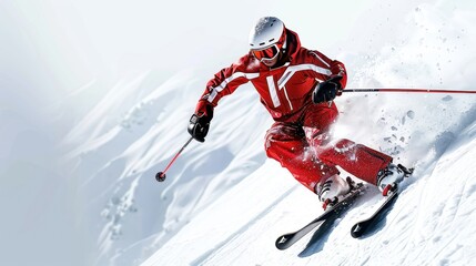 Skier in Red Suit Descending a Snowy Mountain Slope