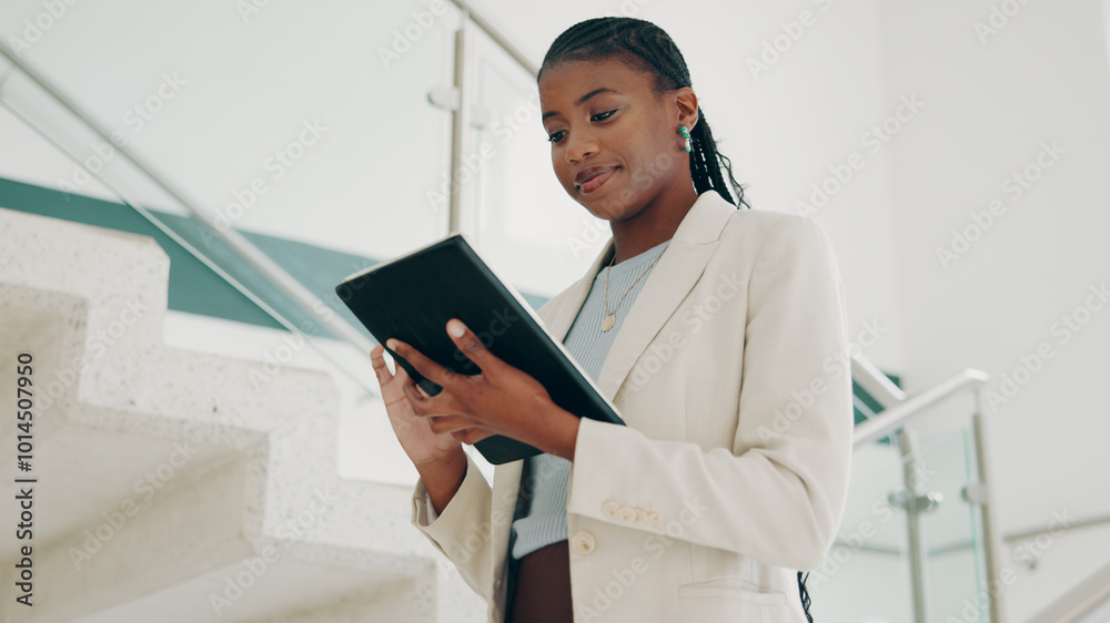 Wall mural Building, black woman and real estate agent with tablet for communication, networking and connection. Business, female person and chatting on email with client or tenant for home viewing and property