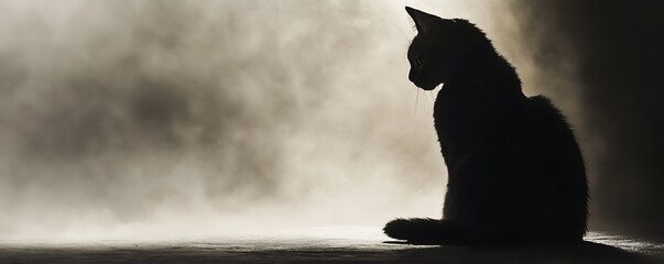 Silhouette of a cat sitting in a foggy background.