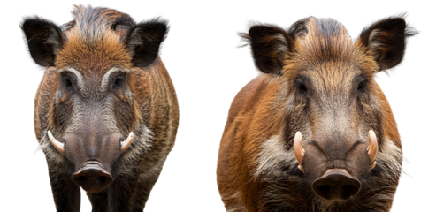 Two wild boars with distinct features, white isolated background.