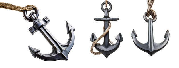 Three distinct anchors with ropes isolated on a white background.
