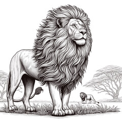 Obraz premium Majestic Lion Illustration King of the Jungle in Pen and Ink Style
