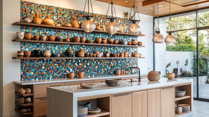 A contemporary kitchen featuring a bold mosaic backsplash