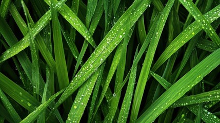 A top view of lush green grass texture with dew drops on the leaves