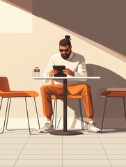 Fototapeta premium Man using tablet in a modern cafe, creating a relaxed and contemporary atmosphere.