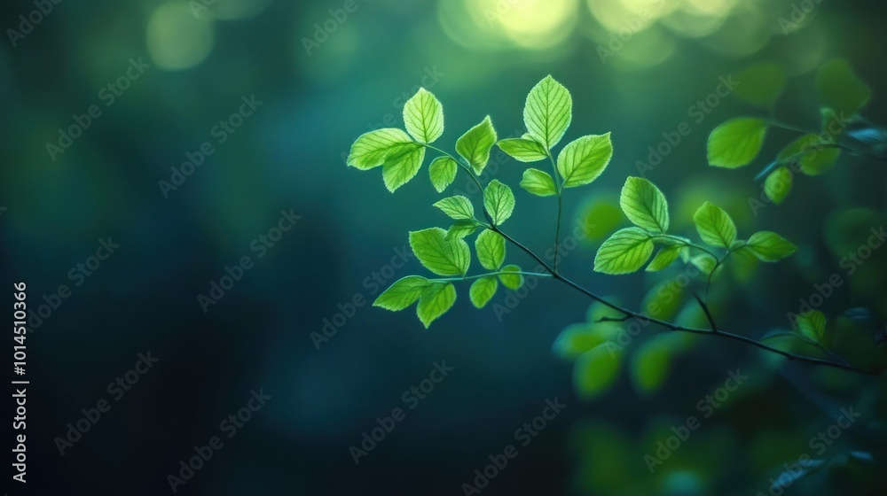Poster a single branch of green leaves with a blurred forest background