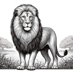 Obraz premium Majestic Lion A Black and White Illustration of an African Lion in its Natural Habitat