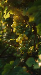 Captivating Closeup of Lush Green Grapes on the Vine in Tranquil Countryside at Magic Hour