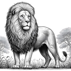 Obraz premium Majestic Lion in African Savanna Pen and Ink Drawing