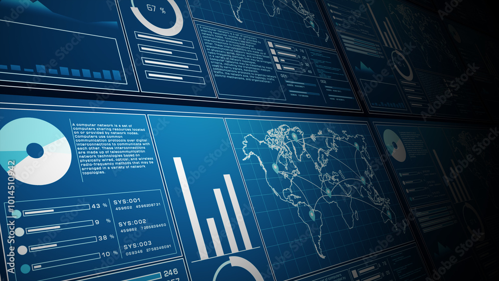 Poster Image showing several digital data dashboards with various charts, graphs, and a global network map, representing analytics and technology. 3D rendering.