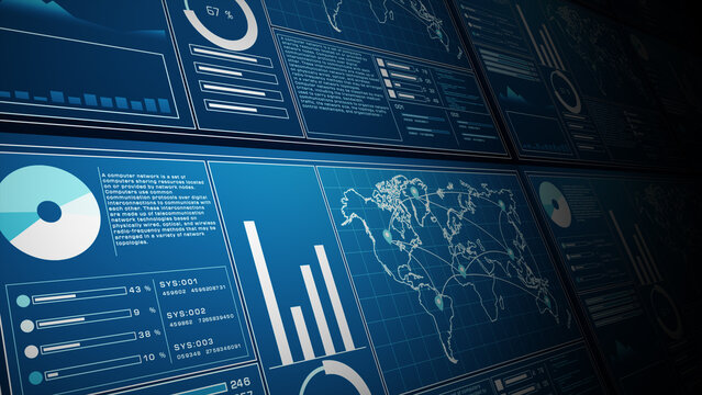 Image showing several digital data dashboards with various charts, graphs, and a global network map, representing analytics and technology. 3D rendering.