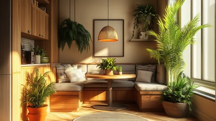 A cozy and inviting breakfast nook with a mix of built-in and freestanding seating