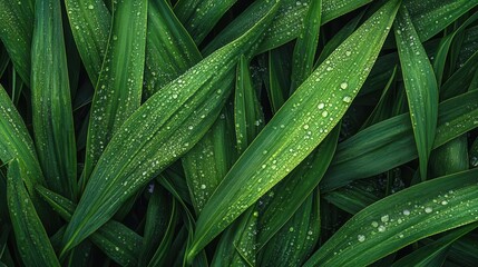 Fototapeta premium A top view of lush green grass texture with dew drops on the leaves