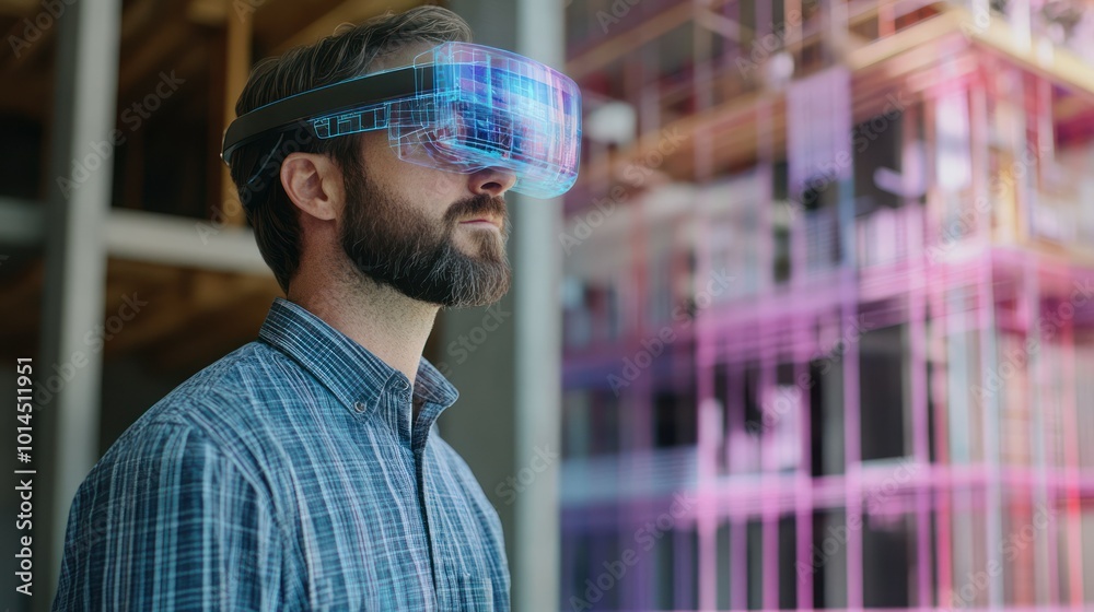 Poster Man wearing virtual reality headset looking at a 3D model of a building